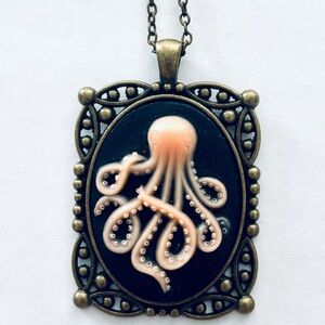 Black and Pink Octopus Cameo Necklace, NWT